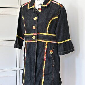 Cato LARGE Women's Long Denim Jacket Calico Trim Button Front RETRO Very Cute!